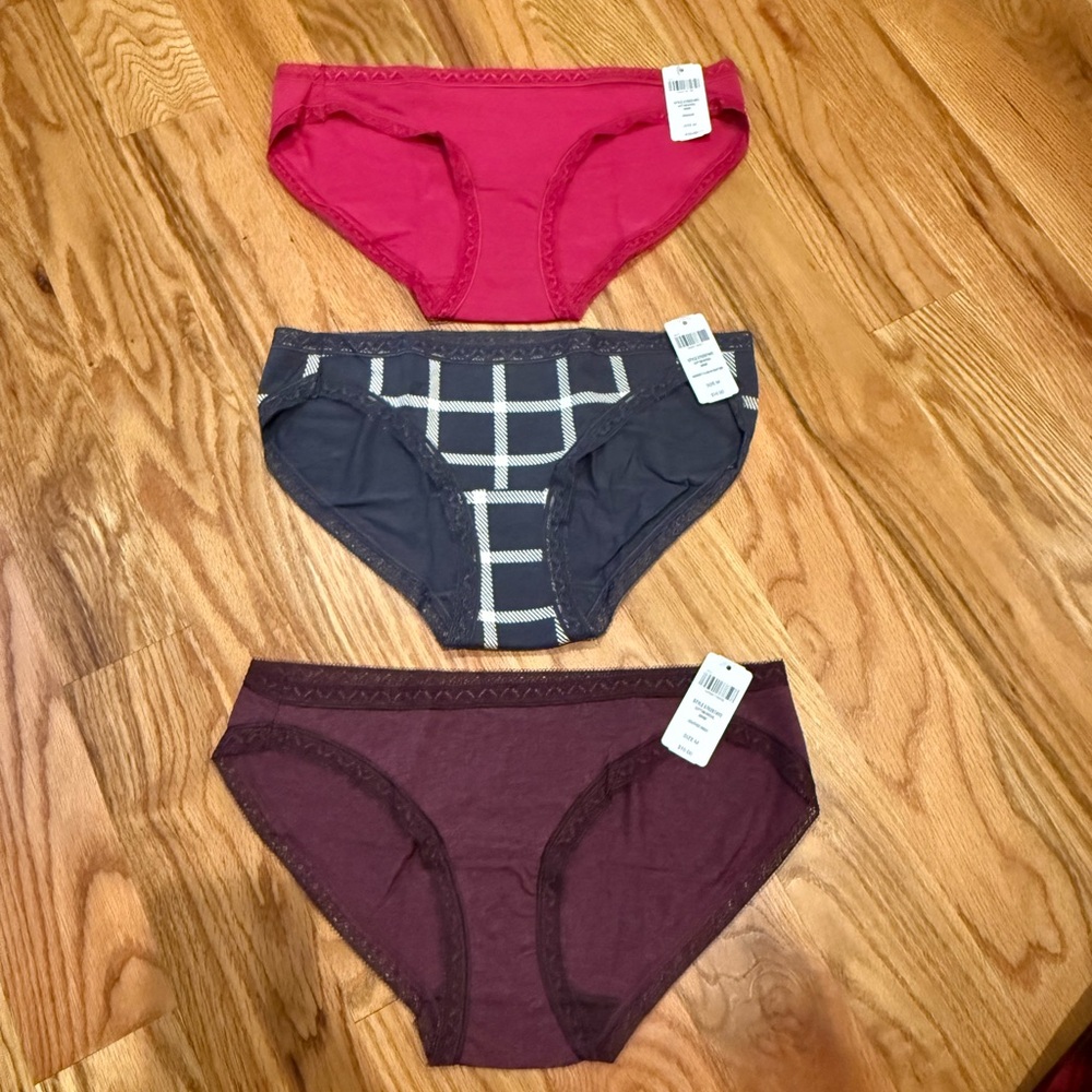 Soma Cotton Modal Bikini Panties Set of 3 pink, gray plaid, burgundy NWT